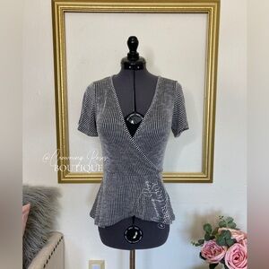 Caution To The Wind Small Faux Wrap V Neck Black White Peplum Blouse Bell Sleeve